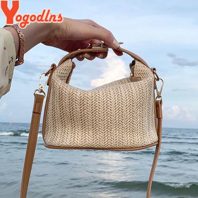 Yogodlns Kleine Strohhandtasche für den Sommer, trendige Schultertasche, gewebte Umhängetasche, lässige Strandtasche für Mädchen mit Henkel
