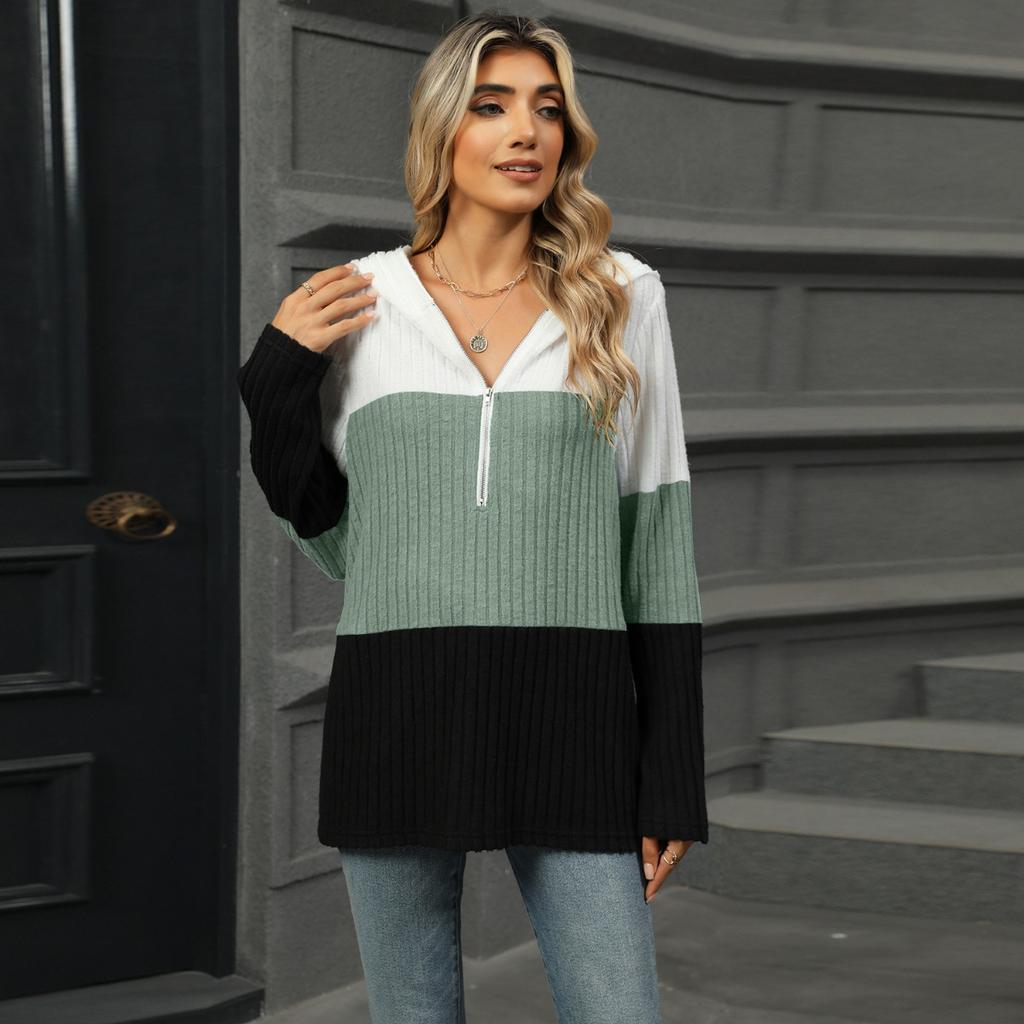 Women's Autumn and Winter New Loose Contrasting Color Spliced Zipper Hooded Long Sleeved Top for Women