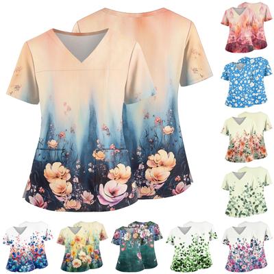 Floral Print V Neck Medical Scrub Top with Pockets Side Slits Short Sleeve Nurse Uniform Shirt for Women Workwear