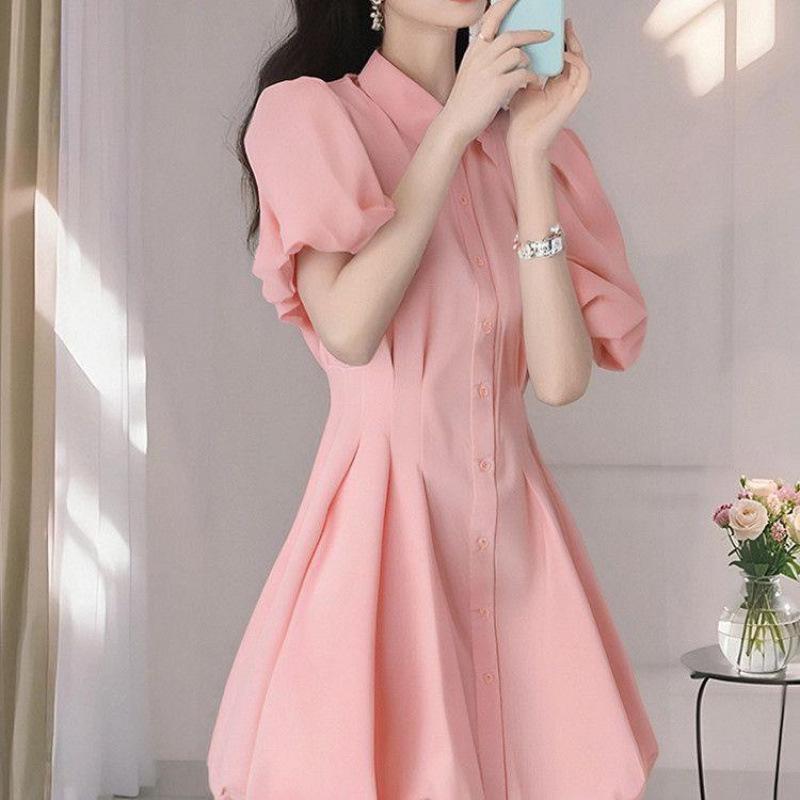 Dopamine Stunning Pink A-line Skirt & Puff Sleeve Dress – 2026 Spring/Summer Commute Academy Style New Arrival. L, recommended for 105-120 jin