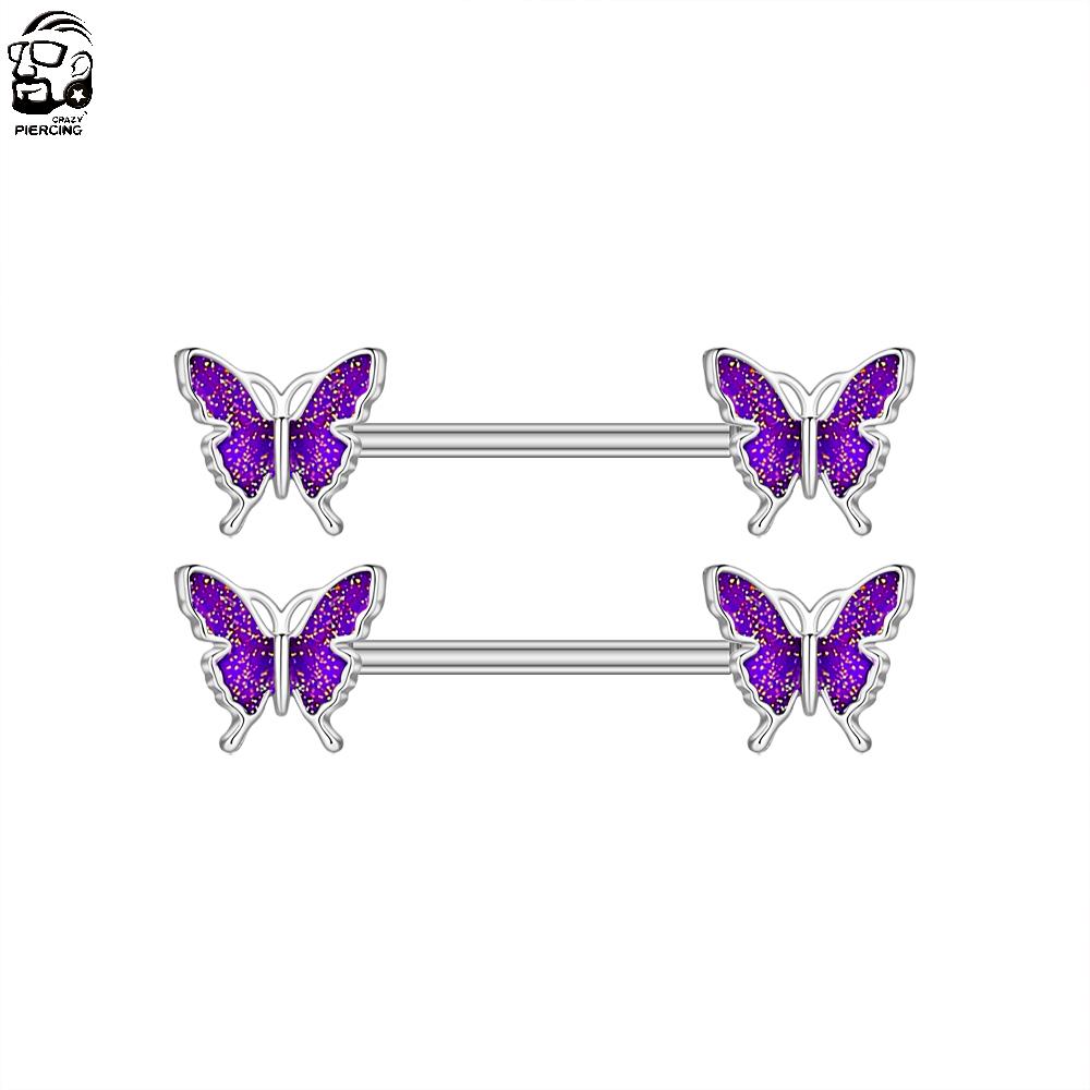 2pcs Butterfly Nipple Piercings Rings 16mm Length Bar Barbell Steel Crystal Nipple Shield Cover Heart Flower Tongue Body Jewelry