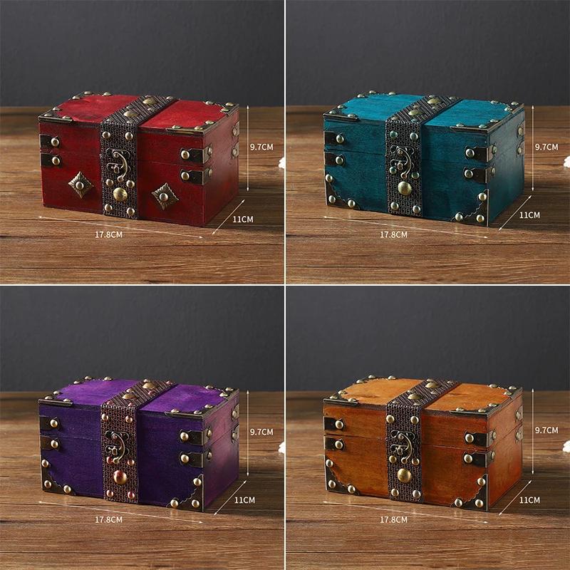Treasure Chest Jewelry Box Solid Wood Vintage Design Handmade for Women Trinket Box Photo Props Storage Box Decorative Trunk