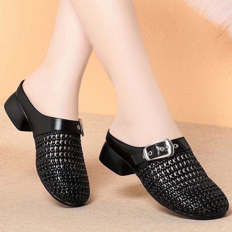 

Летние ажурные закрытые тапочки, круглый носок, устойчивый каблук, модные и универсальные полуботинки, мягкая подошва, мягкий верх 35 чёрный