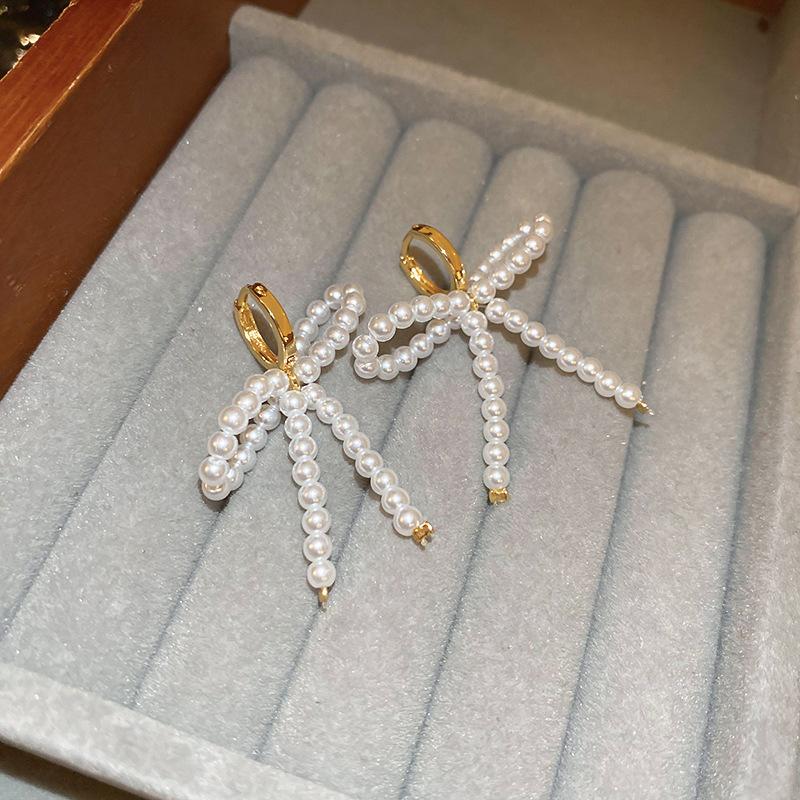 White Bowknot Imitation Pearls Tassel Dangle Earrings for Women Temperament Versatile Fashion Earring Elegant Jewelry Wholesale