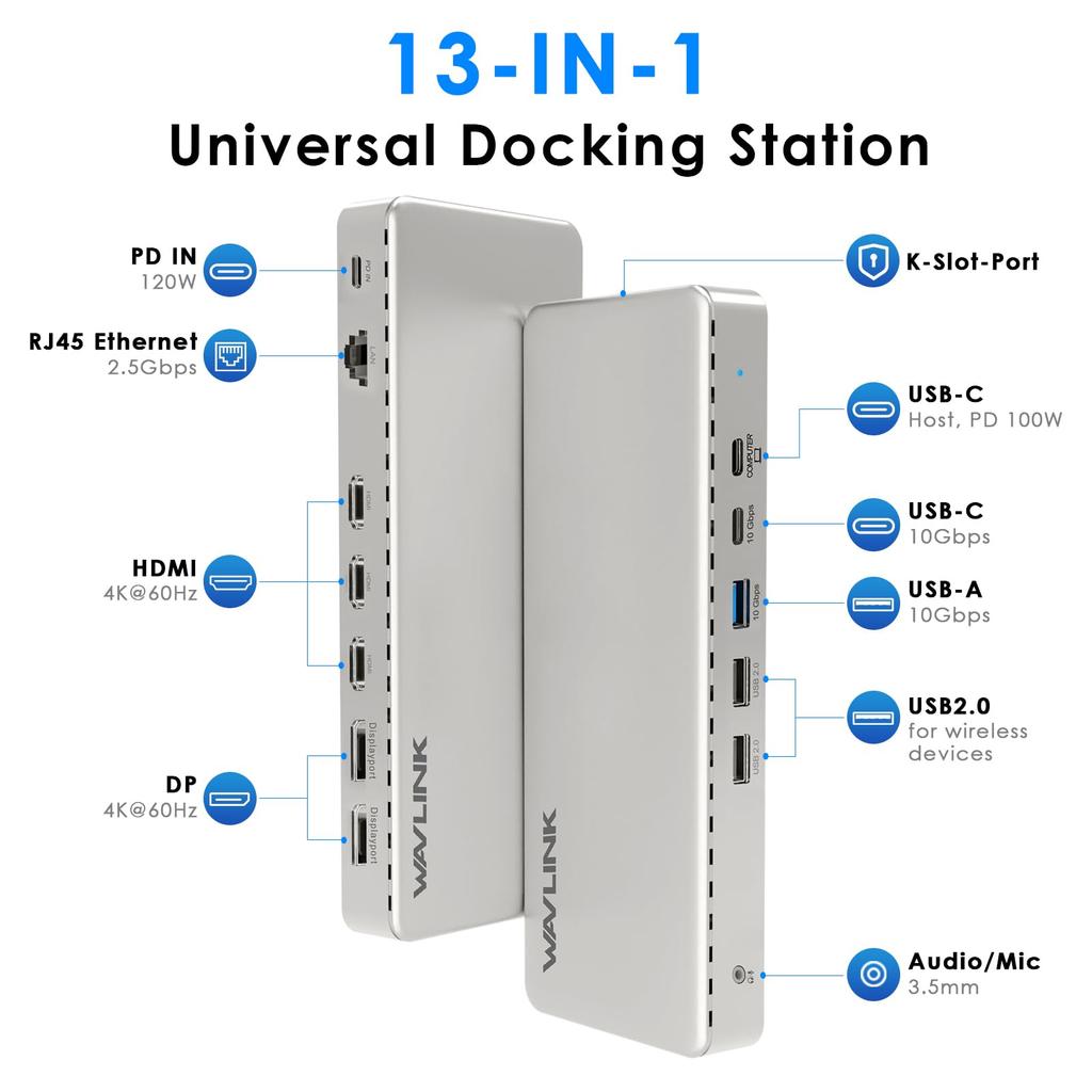 WAVLINK Triple Universal Docking Station Conversion Up to 100W Power Supply 3 HDMI 2 DP Thunderbolt Support Compatible with MacBooks