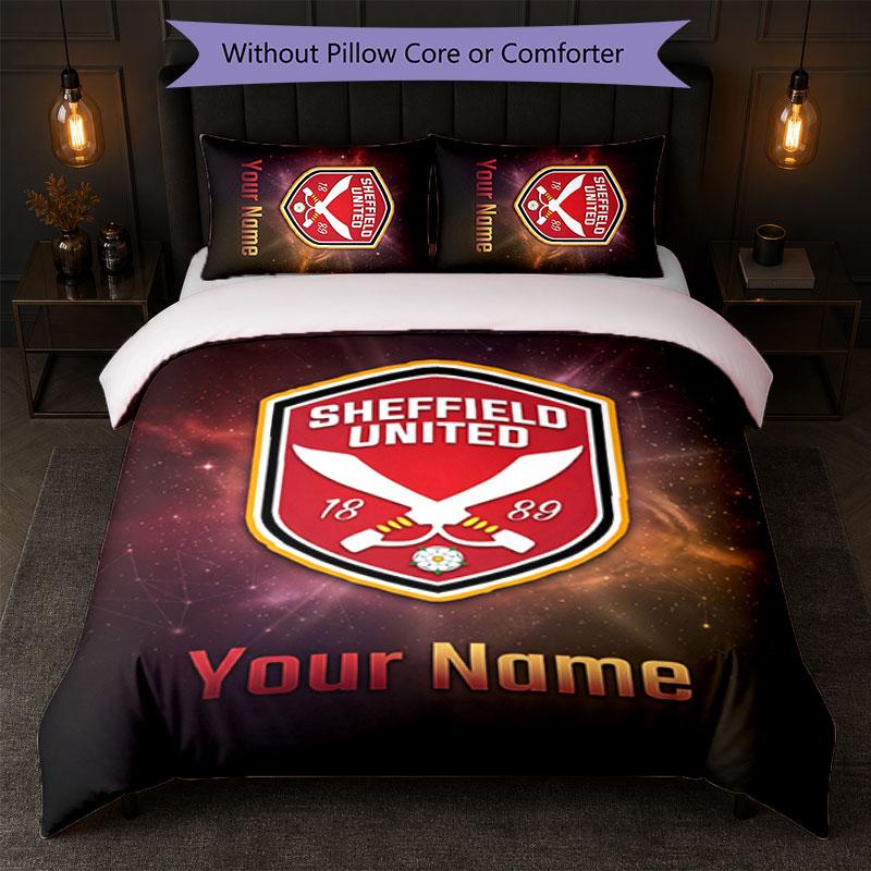 Sheffield United FC Individuelles Namens-Text Bettwäscheset 1 Bettbezug+2 Kissenbezüge Fußball-Logo Personalisierte Geschenkidee für besonderen Anlass Schlafzimmerdekoration