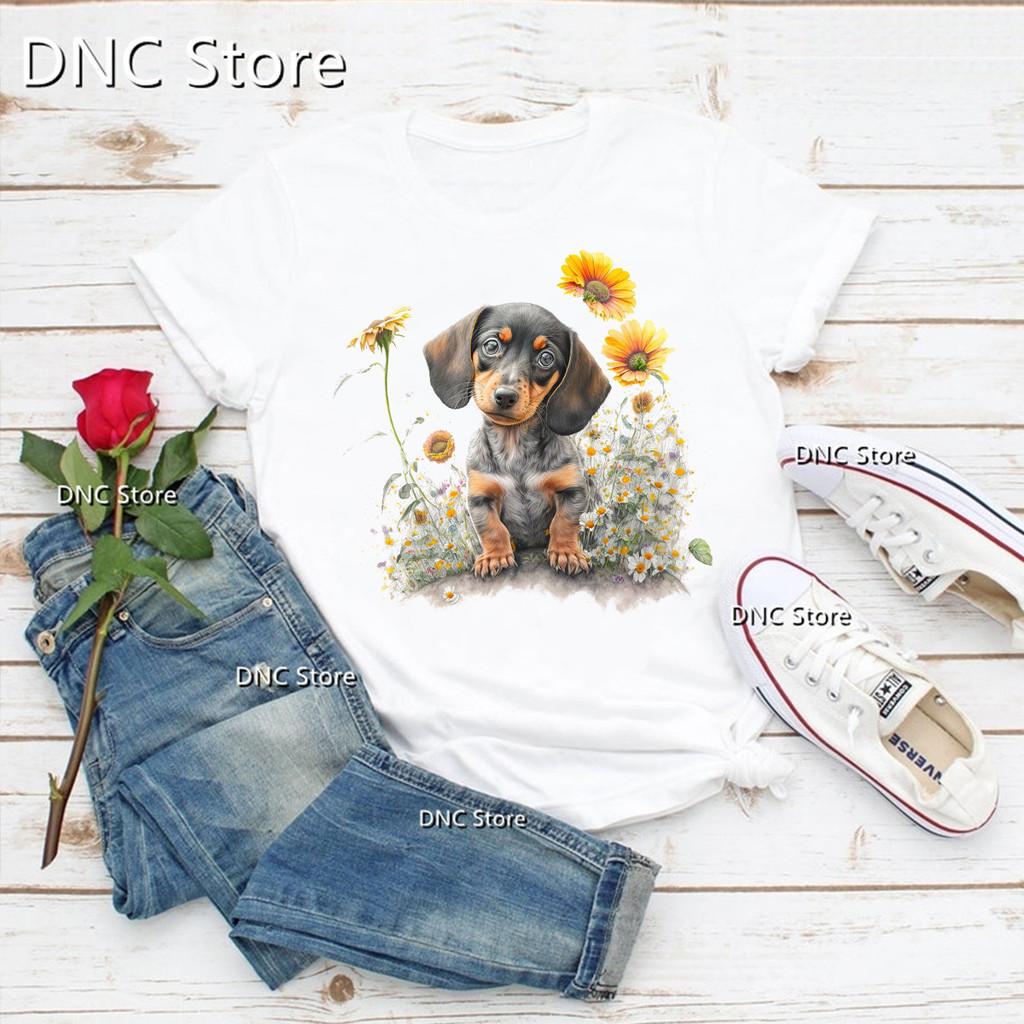 Femme Tshirt Funny Hat Wearing Watercolor Print Dog Cute Animal Print Tshirt Women Fashion Trend 90s Tshirt Dog Lover Tshirt