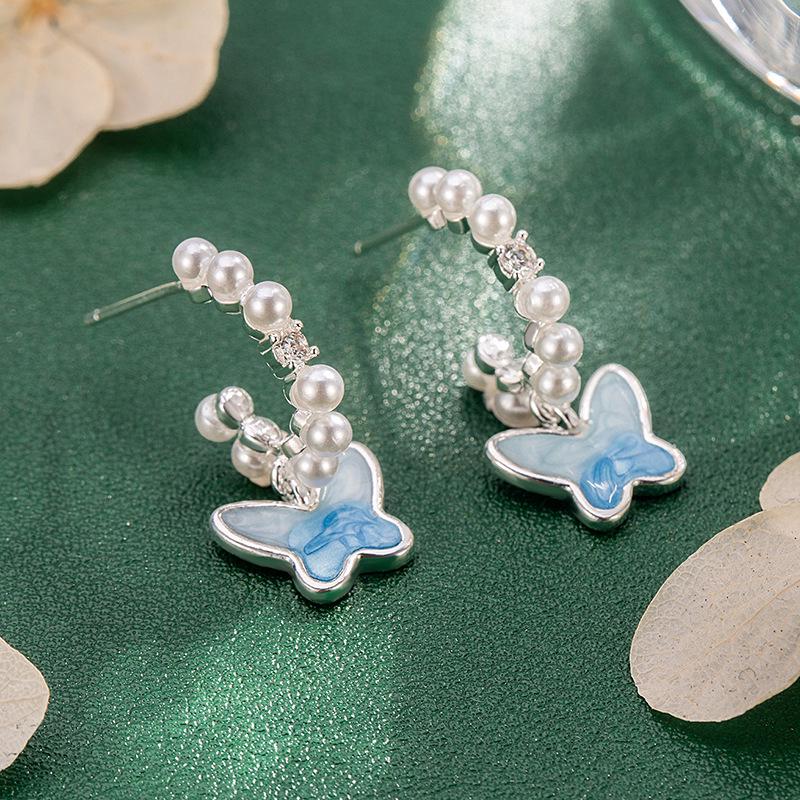 Pearl Blue & White Gradient Butterfly Stud Earrings - Elegant, High-End Design for Women