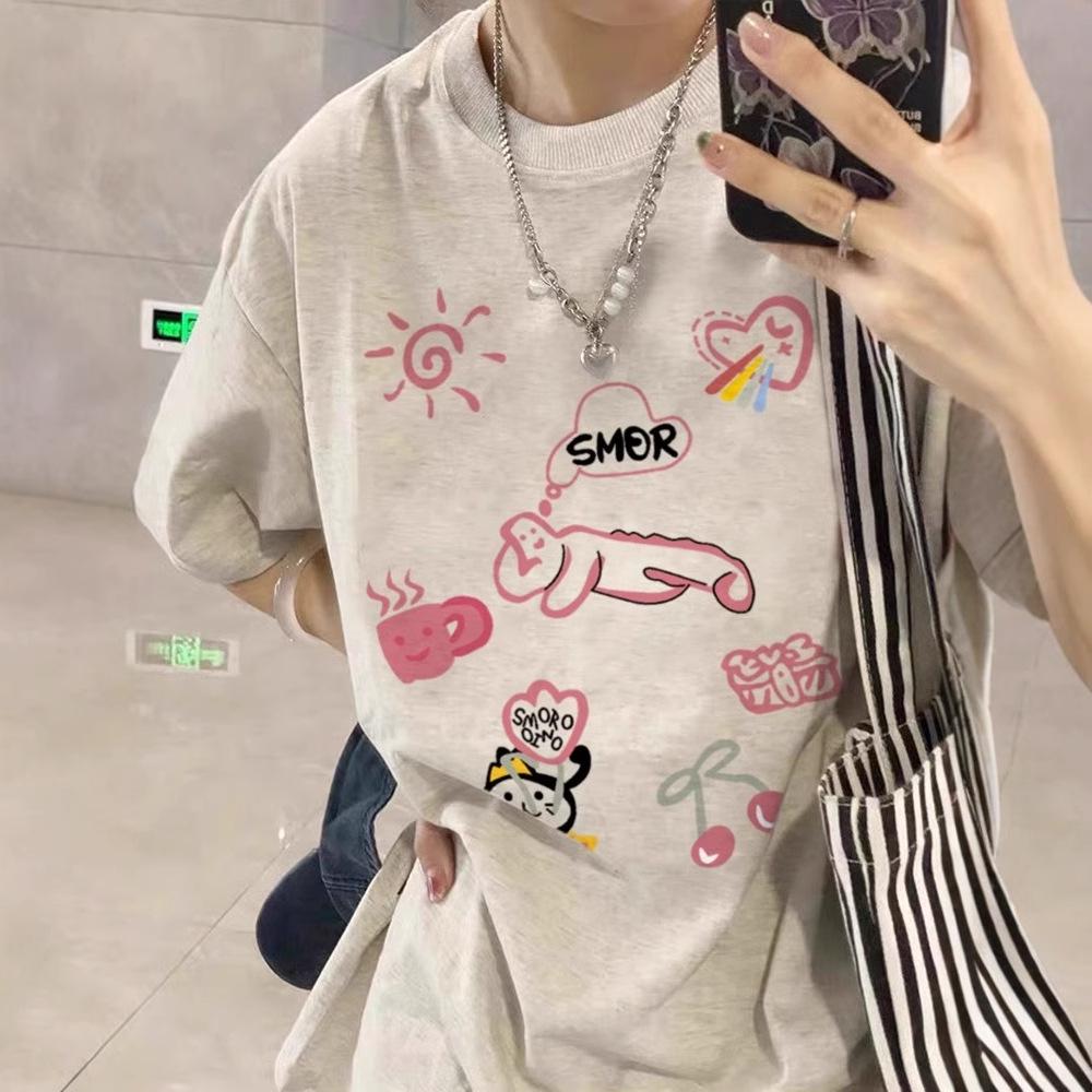 Women's Loose-Fit Cartoon Print Pure Cotton T-Shirt, Chic Hong Kong Style, Trendy American Brand, Plus Size Available