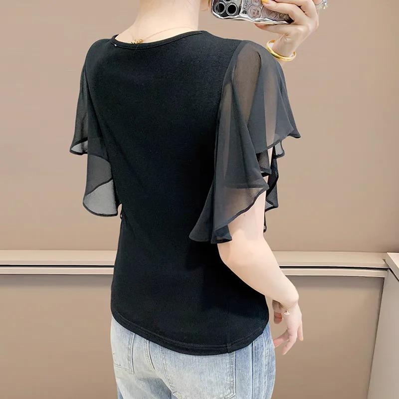 Summer Women's European T-Shirt Sexy O-Neck Hollow Out Hot Diamonds Design Tops Ladies Chic Short Sleeve Slim Tees