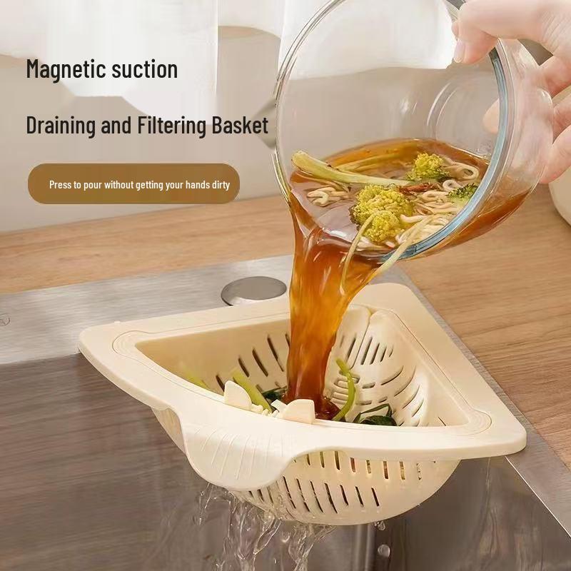 Magnetic Triangle Kitchen Sink Draining Basket for Food Scraps and Storage