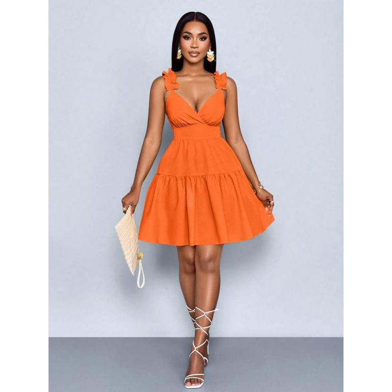 European summer new fashion solid color loose casual backless V-neck sleeveless short dress