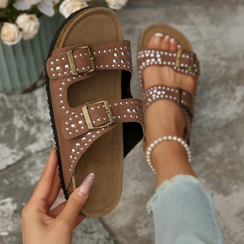 Flat Slippers Summer New Round Toe Open Toe Metal Buckle Studded Anti-Slip Wear-Resistant Plus Size Romans