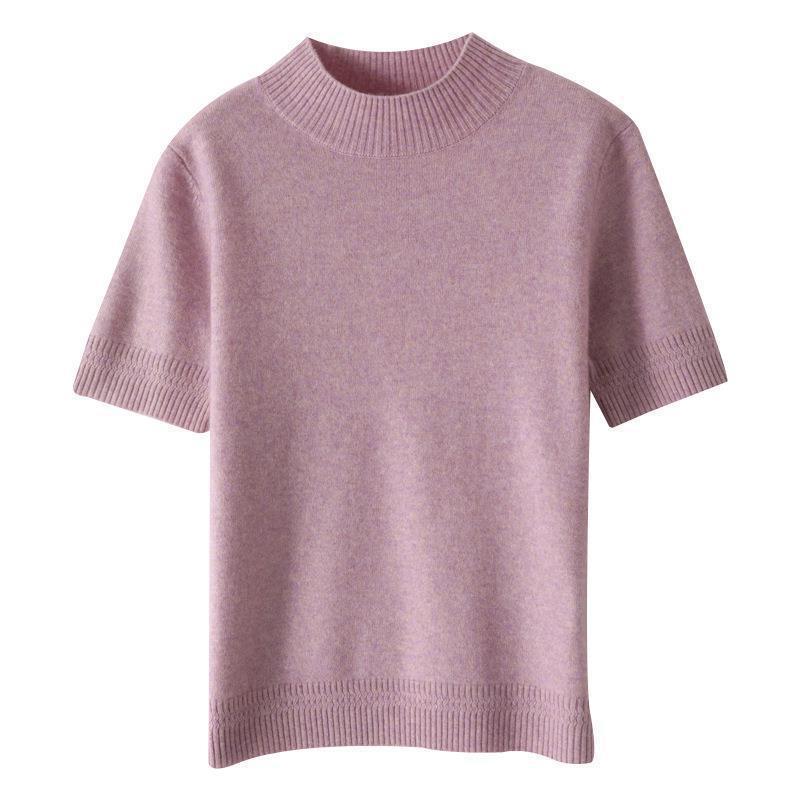 Spring and Summer Women's New Loose Half Turtleneck Mid-sleeve Short Pullover Solid Color Bottoming Sweater T-shirt