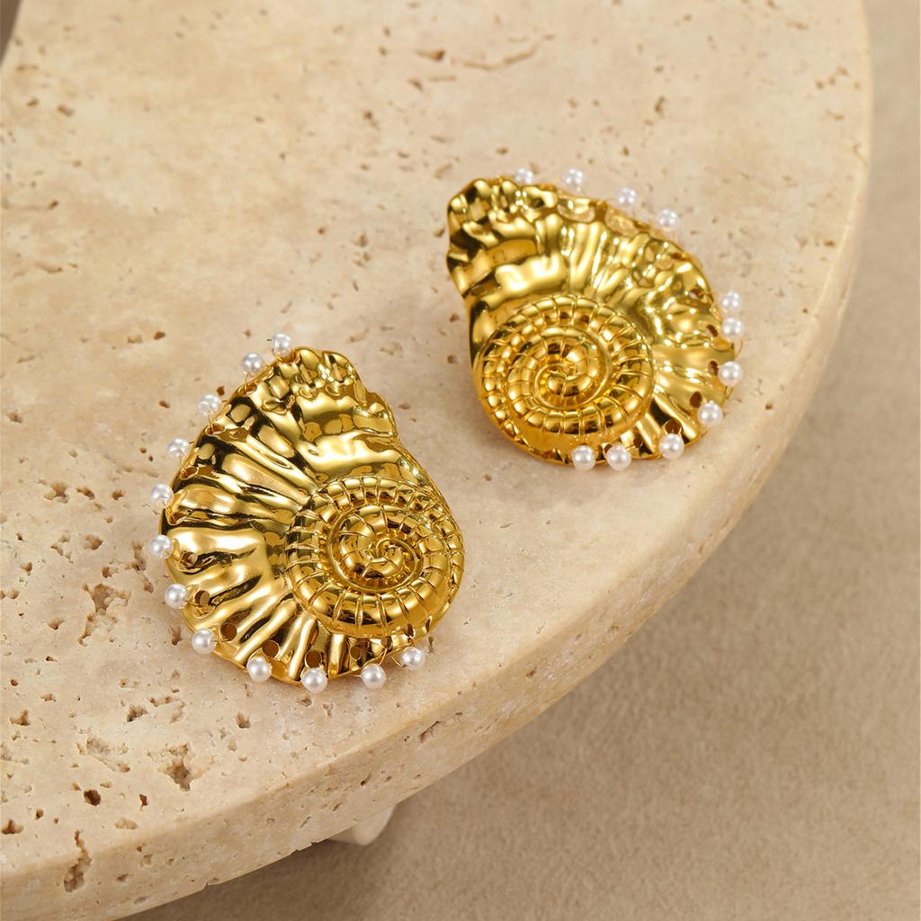GEMCHIC Women's Gold Shell Earrings Vintage Pearl Studs Beach Vacation Jewelry Stainless Steel Statement Accessories