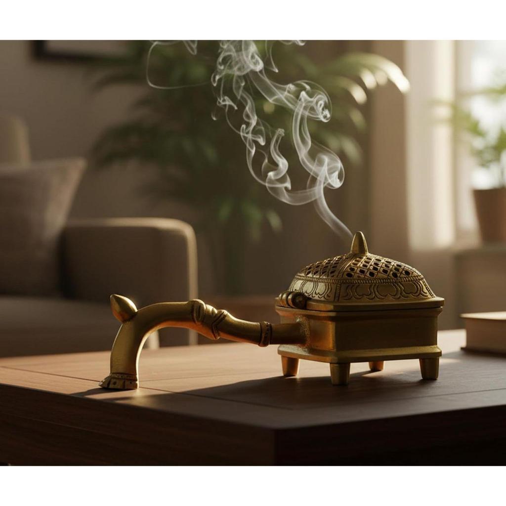 Brass Incense Burner Dhoop Dani Stand with Handle- 15 Cms(Square)