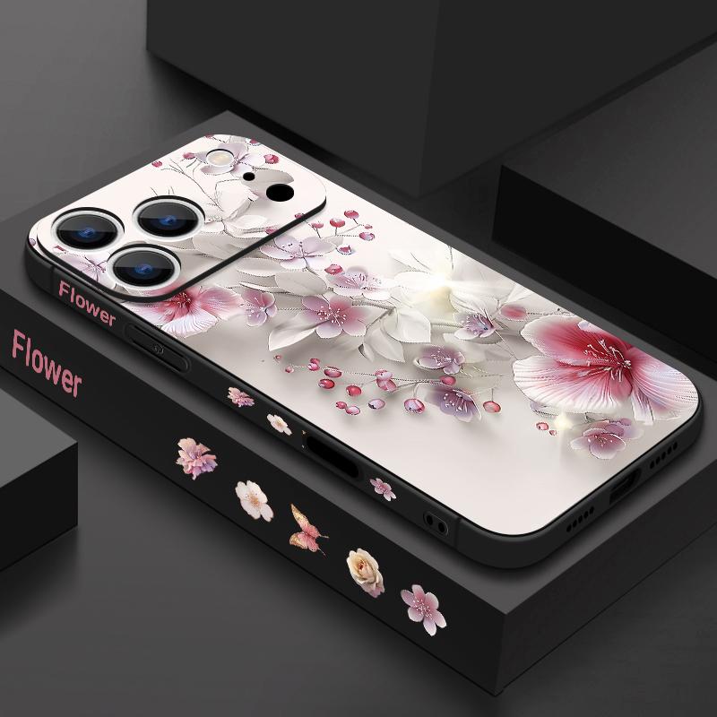 Pink White Flower Pattern Lanyard Case For iPhone 17 Pro Max Soft Silicone Cover For iPhone 16 Pro Max Funda iPhone 15 14 13 12 11 16E Air