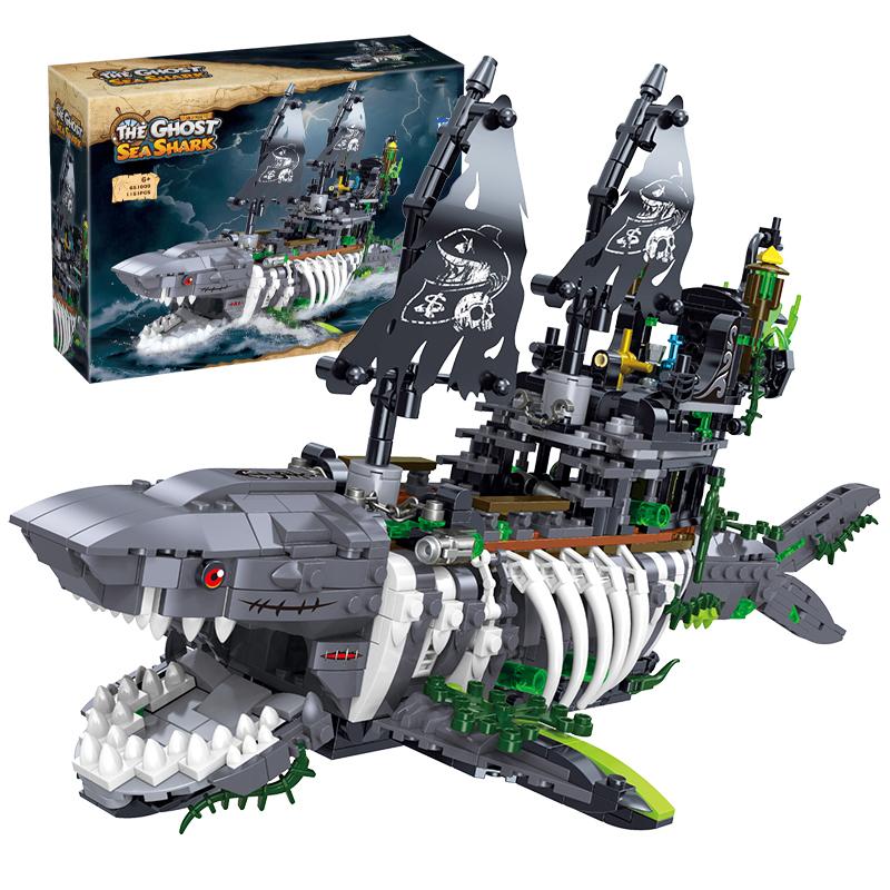 Ungiftig 1155 Teile Haifisch Piratenschiff Bausteine Kreatives Meereshai Geisterschiff Modellsteine mit Licht Kinder Pädagogisch DIY Spielzeug Geschenke