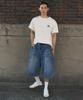 Beokeuldaun Simple Triple Stitched Standard Wide Fit Long Bermuda Denim Pants (Indigo)