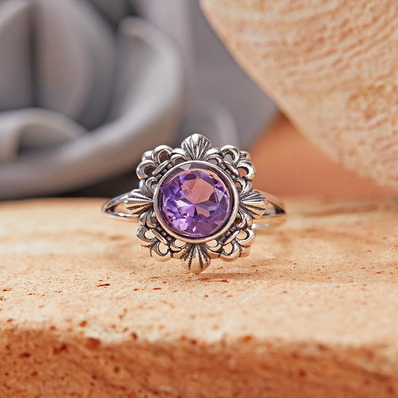 Vintage Hollow Pattern Thai Silver Ring Women'S S925 Sterling Silver Inlaid With Natural Jasper Topaz Gemstone Index Finger Ring