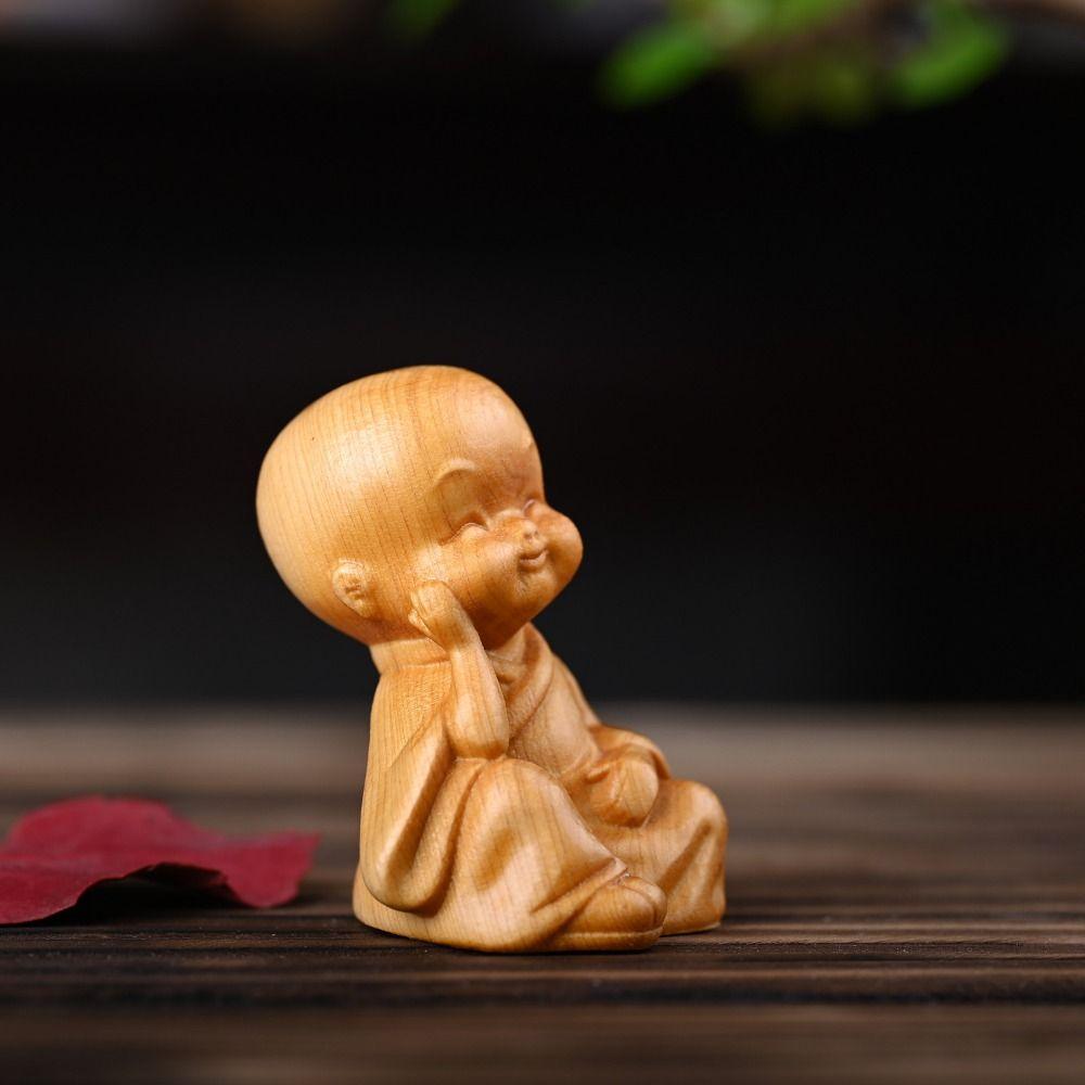 Decorative Monks Statue Hand-held Wood Carved Ornaments Antique Little Monks Sculptures  Desktop