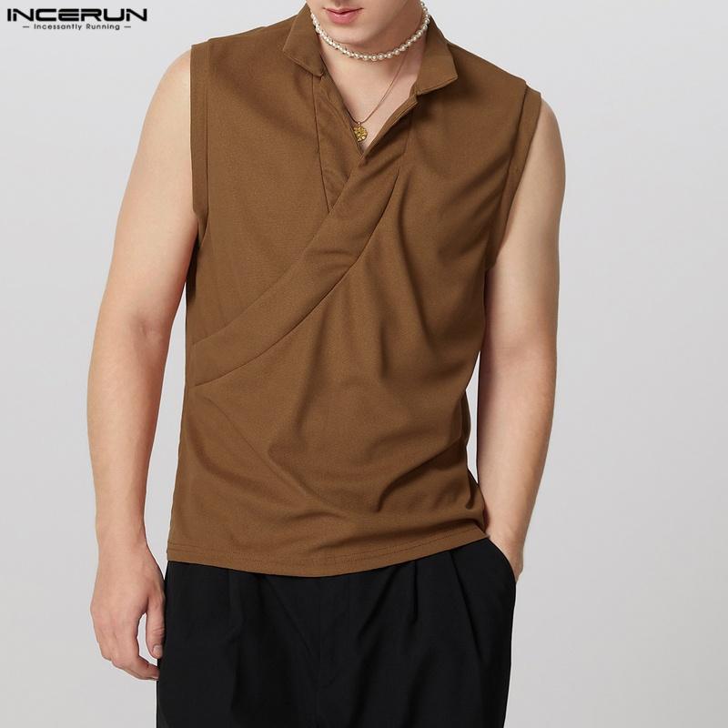 INCERUN Men Lapel V Neck Sleeveless Casual Front Cross Texture Tank Tops