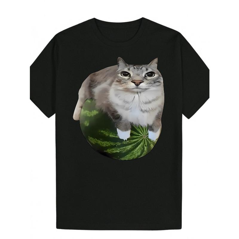 

European sizes Men S Summer Casual T-Shirt with Fun Cat Meme Design - Lightweight Polyester Fabric, Round Neck 4XL чорний