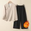 Hanfu d'Automne/Hiver en Coton et Lin pour Femmes: Cardigan Long à Manches Longues Style Chinois Doublé de Velours Robe de Moine pour la Cérémonie du Thé