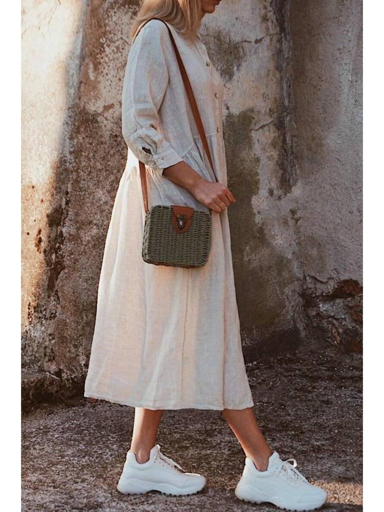 2023 Cotton Linen Solid Color Shirt Collar Long Casual Dress