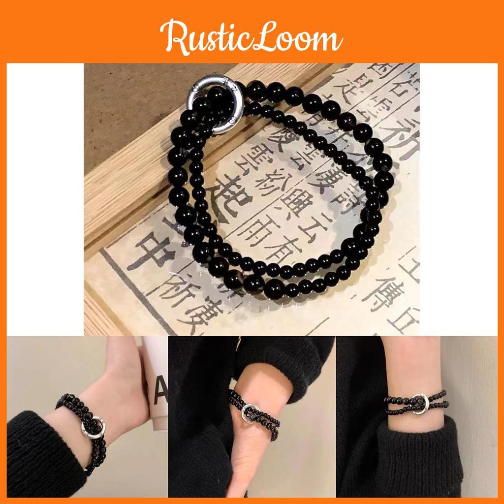 Black Unisex Elegant Beaded Double Circle Bracelet Trendy Retro Artistic Jewelry