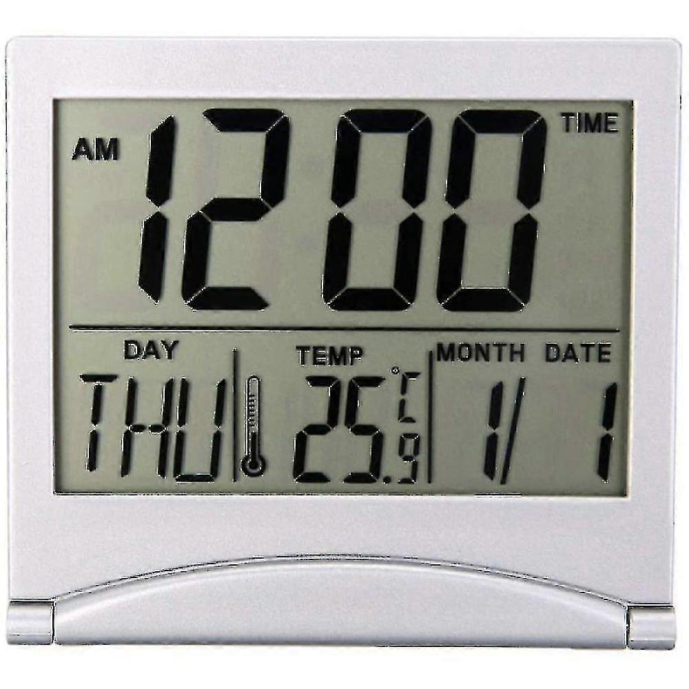 Folding Portable Desk Thermometer Calendar Alarm Clock - Digital Lcd Display Clock For Travel With Date Function