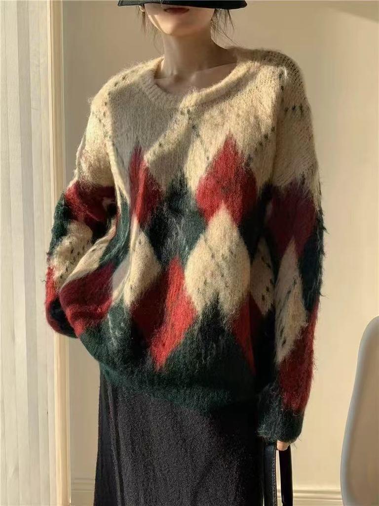 Autumn and winter new rhombus pullover women's loose versatile crew neck wool knitted sweater top