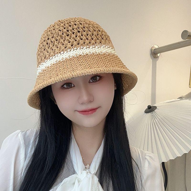 Straw Hat Women's Summer Beach Hat Outdoor UV-Proof Breathable Weaving Hollow Bucket Hat Wide Brim Face Small Hat