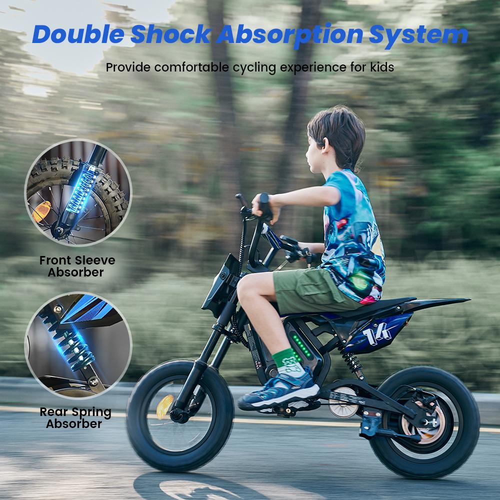 A14 Kids Electric Bicycles 14 Inch 500W Motor 36V5.2Ah Battery 20-22km Range Shock Absorption, Bluetooth LED Lights
