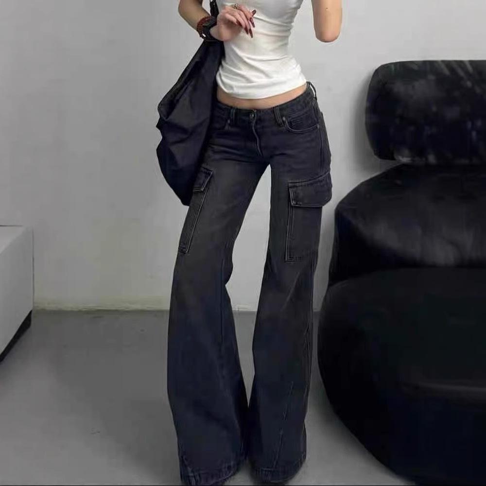 Women's Retro Low-Waist Flared Cargo Jeans - Wide Leg, Floor-Length, Autumn Style