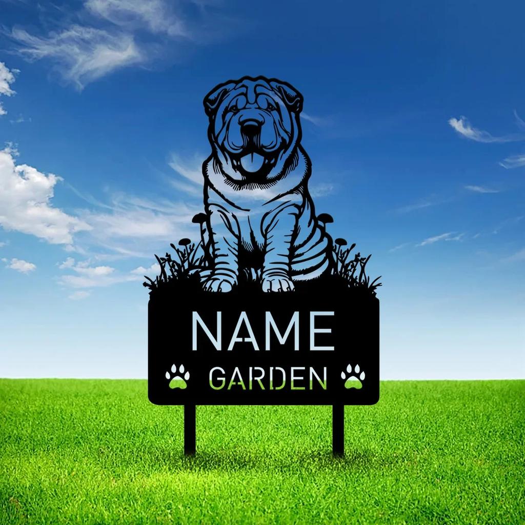 Individueller chinesischer Shar Pei Hund Metall Gedenk-Gartenstecker Personalisierter Haustiername Grabstein Mitgefühl Dekor
