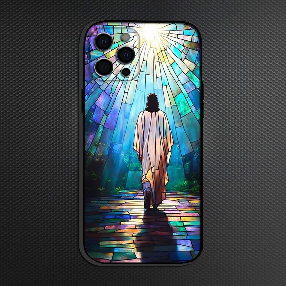 Classic Church Glass Jesus Christ Phone Case For iPhone 16,15,14,13,12,11 Plus,Pro Max, Soft Silicone Black Cover