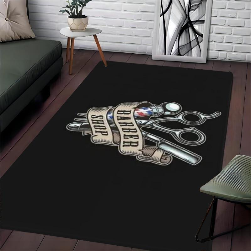 Flannel Printed Barber Shop Rug Black White Design Barbershop Theme Decor Soft Floor Mat For Salon Stylist Home Office And Man