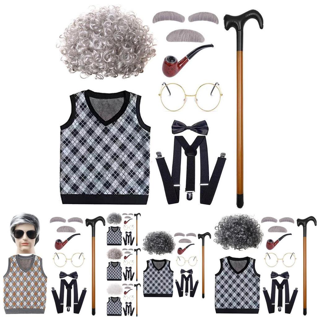 Classic Grandfather Costume Wig Set Featuring Short Soft Curly Hair And Stylish Vest For Kids