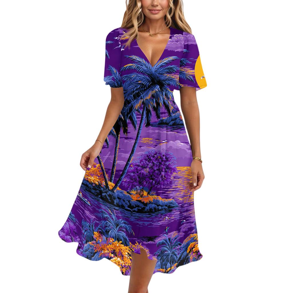 Women's Casual V Neck Short Sleeve Hawaiian Print Dress Summer Beach Midi Dress with Relaxed Fit and Lightweight Fabric for Daily Wear