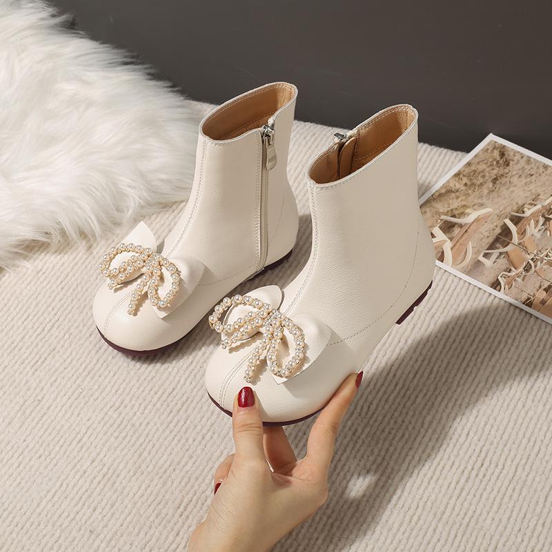 Skórzano-bawełniane buty dla dziewczynek - Przytulne krótkie botki z aksamitu na jesień i zimę