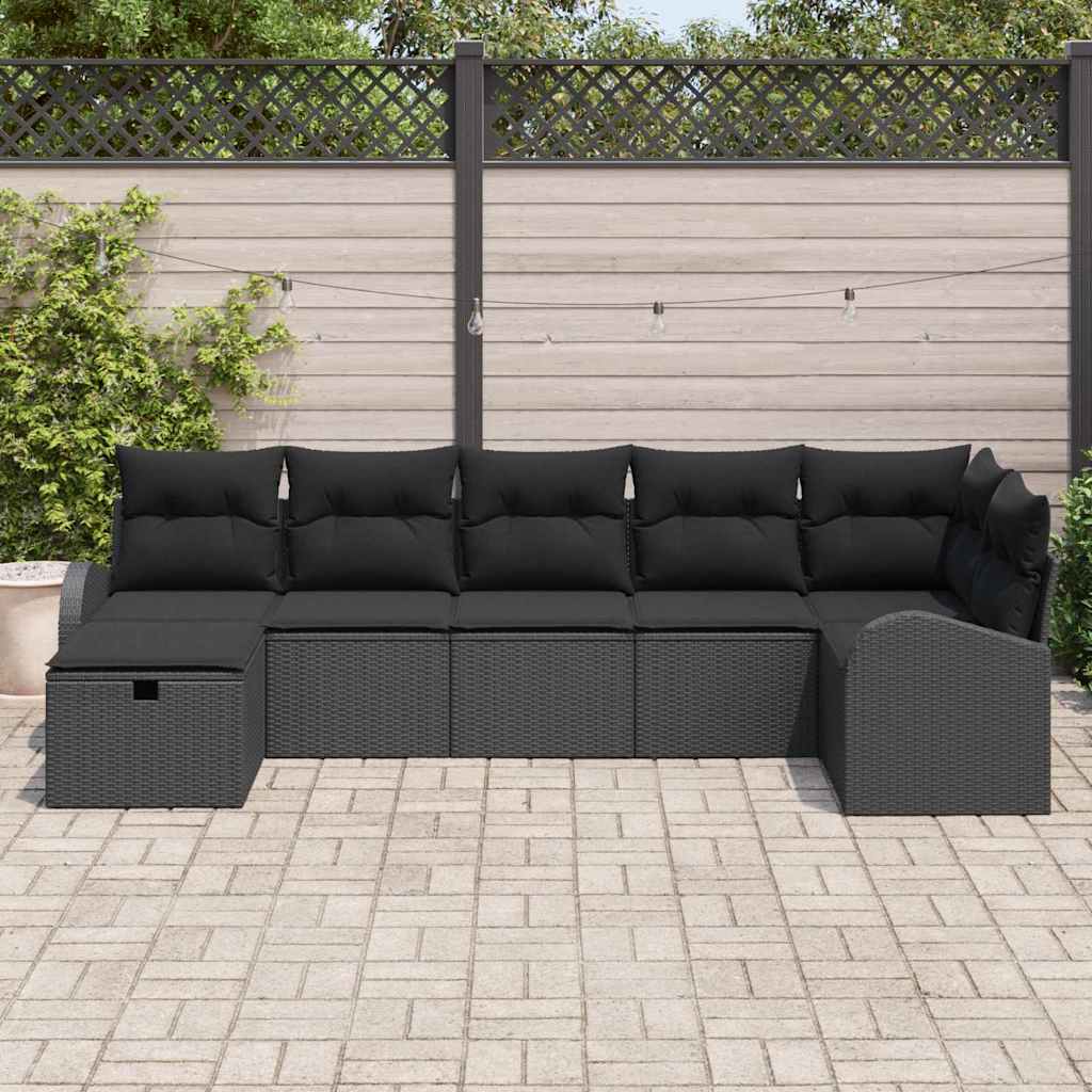 7 Piece Sofa Set with Cushions and Storage Black Poly Rattan