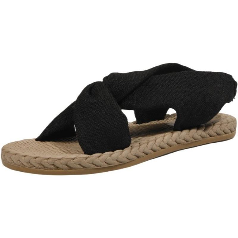 Linen Flat Womens Cotton Roman Sandals Elastic Cross Strap Design For Outdoor Daily Wear