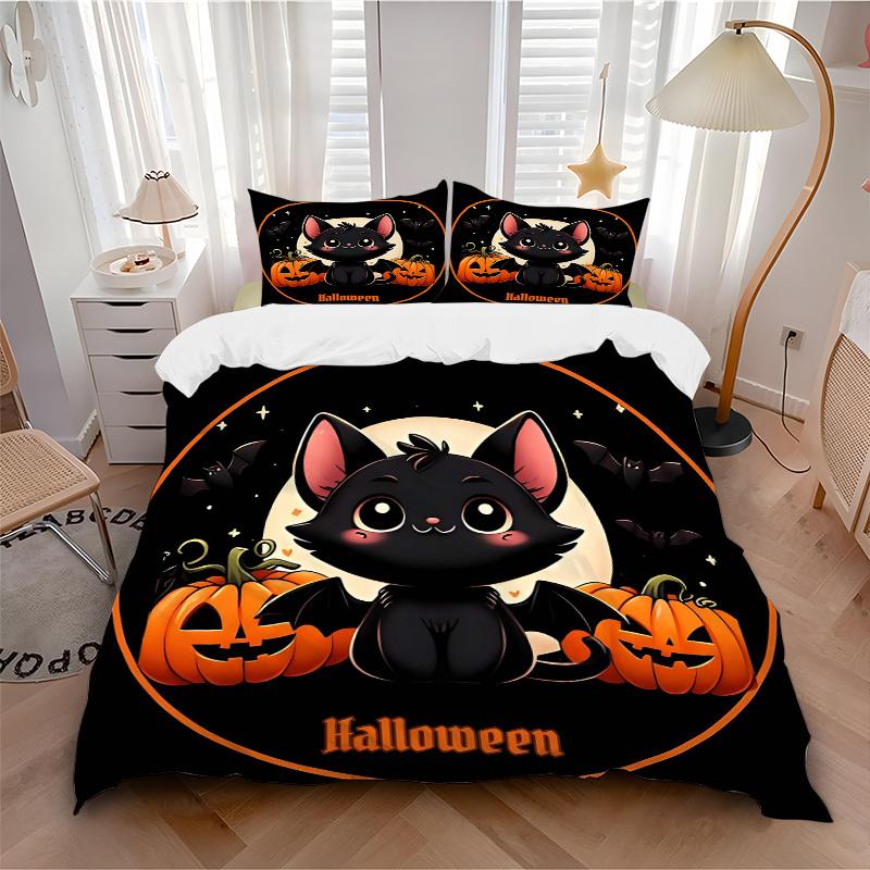 3pcs Halloween Adorable Cat Bedding Set - 1 Soft Quilt Cover + 2 Pillowcases, Machine Washable - Suitable