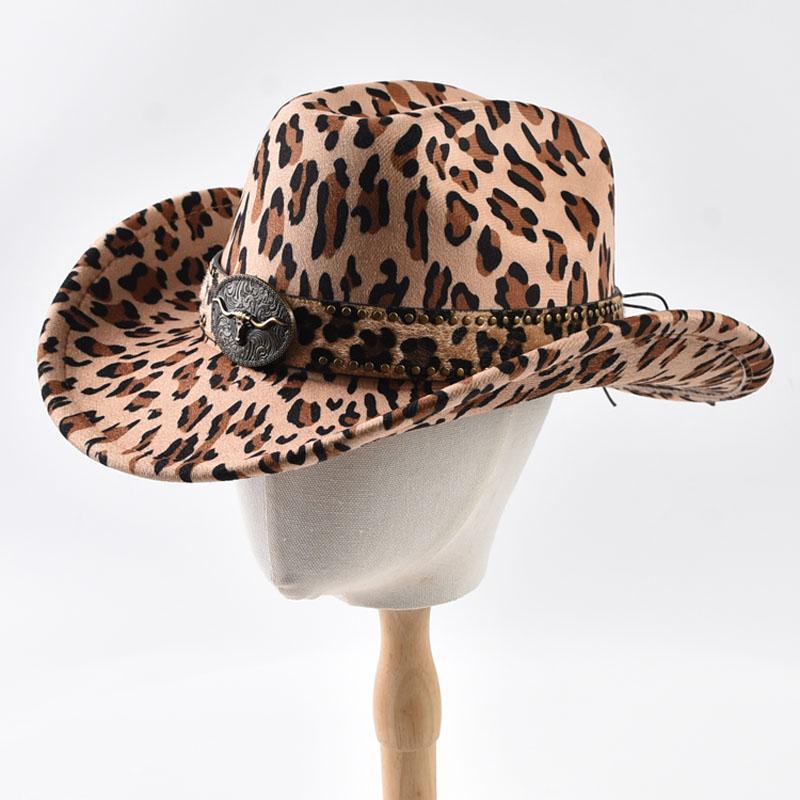 Retro Bull Ox Head Rivet Leather Band Western Cowboy Hat for Men Unisex Roll Up Brim Cowgirl Jazz Hat