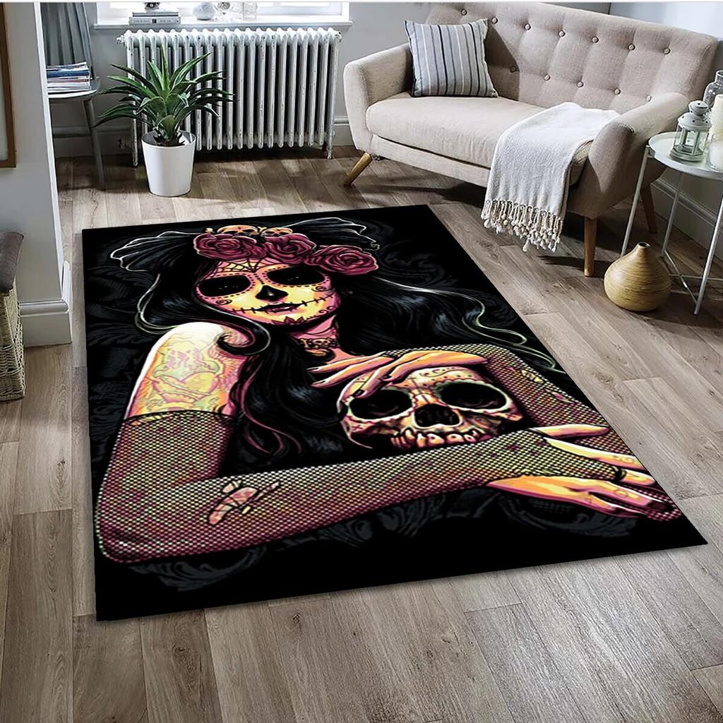 Gothic Female Skull Horror Dead Girl Area Rug,Carpet for Home Living Room Bedroom Sofa Doormat Decor,kids Non-slip Floor Mat 3D