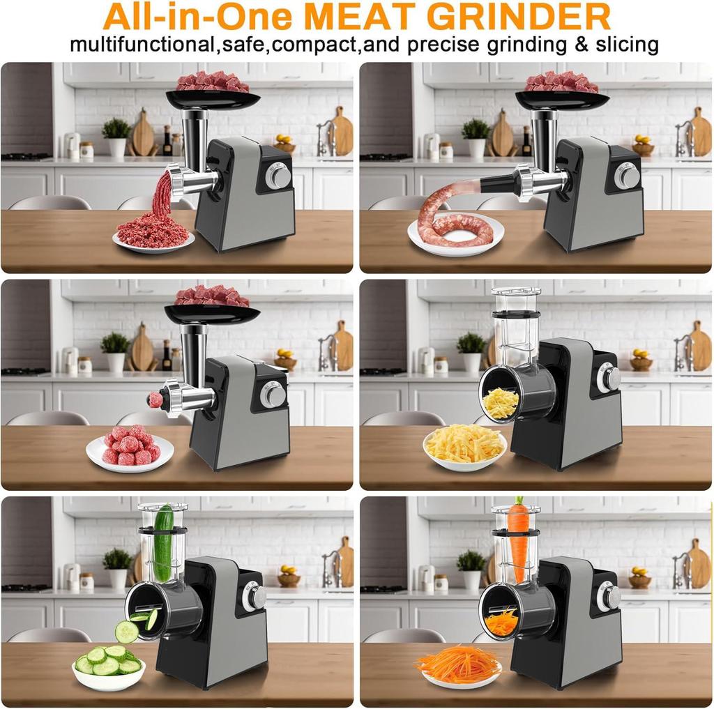 Dual-Speed Multifunction Electric Vegetable and Meat Grinder with Sausage Stuffer & Slicer