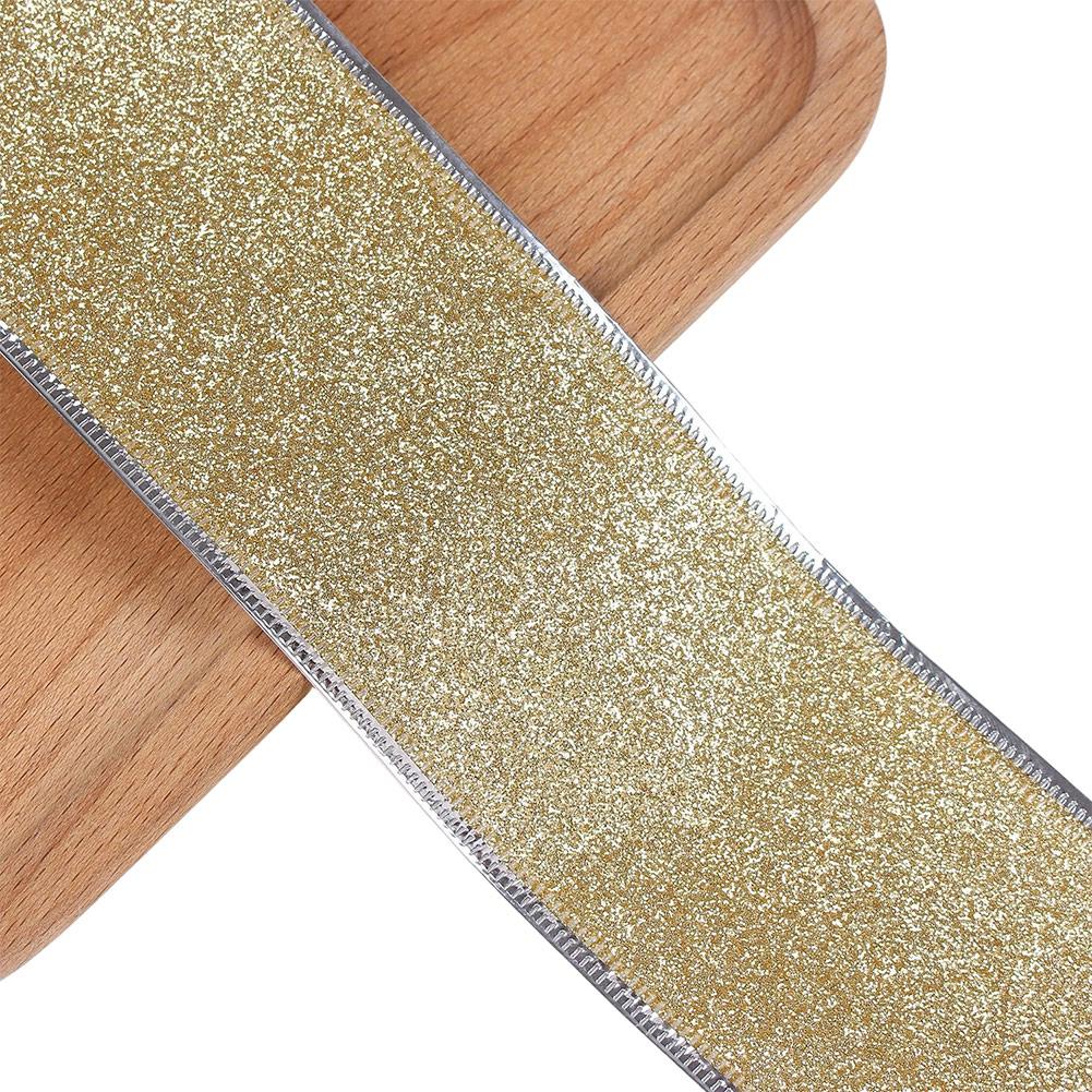 6M Wired Ribbon with Gold Metallic Edge and Glitter Finish for Christmas For Wreath Decoration and Craft Projects