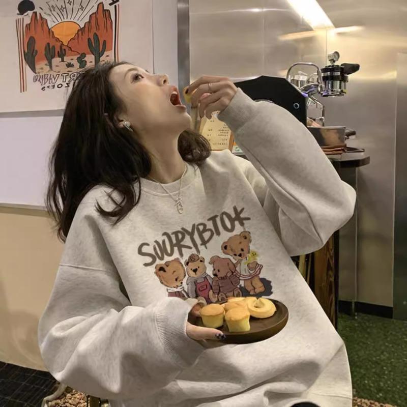 Autumn Winter O Neck Loose Casual Cartoon Printing Sweatshirt Women Long Sleeve Simple All-match Pullover Top