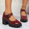 Mary Jane Women's Shoes High Heels Fashion Patent Leather Single Shoes Casual Belt Buckle Pumps Round Head Platform Loafers